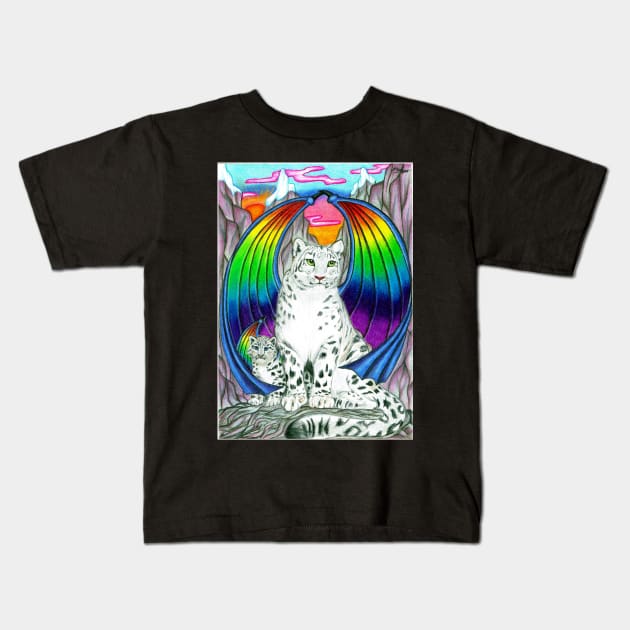 Snow leopards with rainbow wings Kids T-Shirt by MelanieJeyakkumar